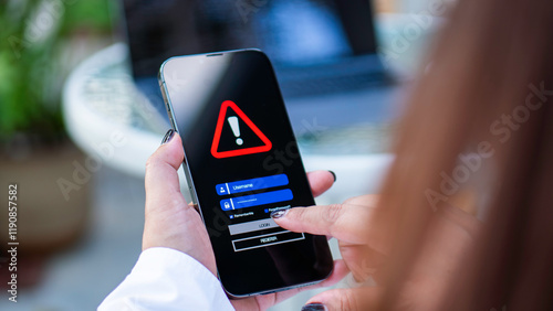 Obraz na płótnie Emergency warning alert alarm on Smartphone, Data network protection, mobile cybersecurity or a password to confirm login in the online banking application. security technology digital information. w salonie