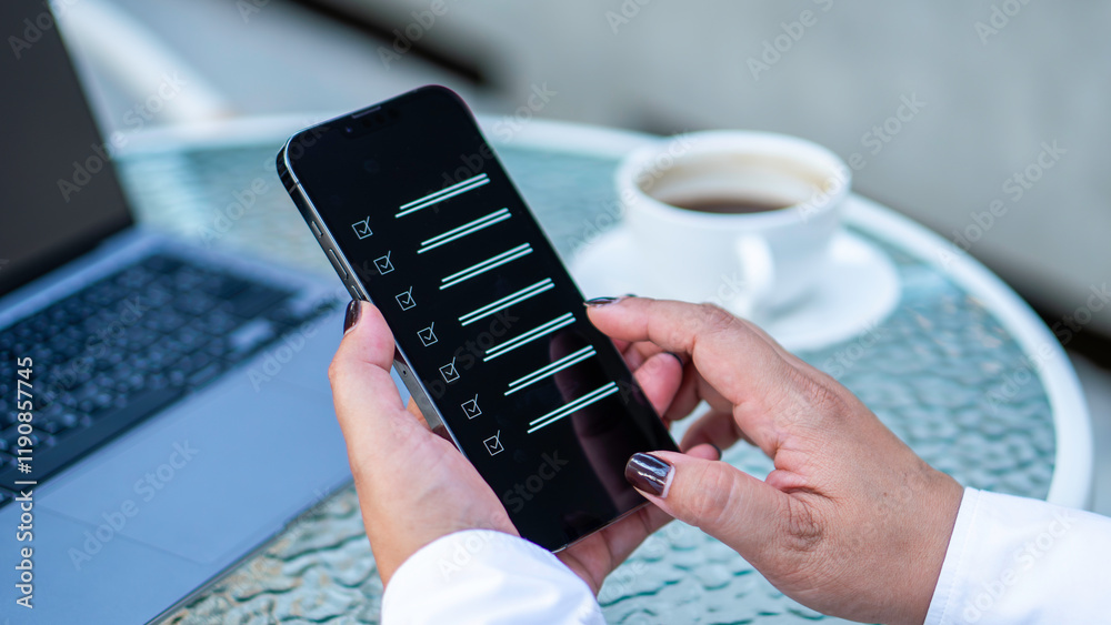 Questionnaire with checkboxes and Survey form concept. answer questions of test. Education futuristic technology and learnin. filling survey form online.