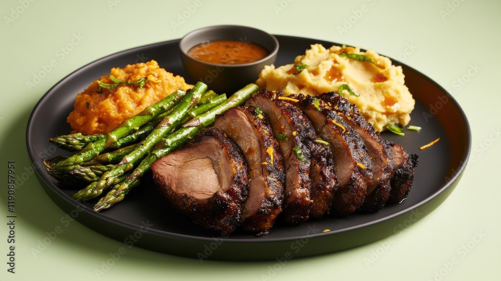 Luxurious dinner featuring sliced roasted duck breast with sides of mashed potatoes and asparagus on an elegant plate Luxurious dinner featuring sliced roasted duck breast with sides of mashed potatoes and asparagus on an elegant plate