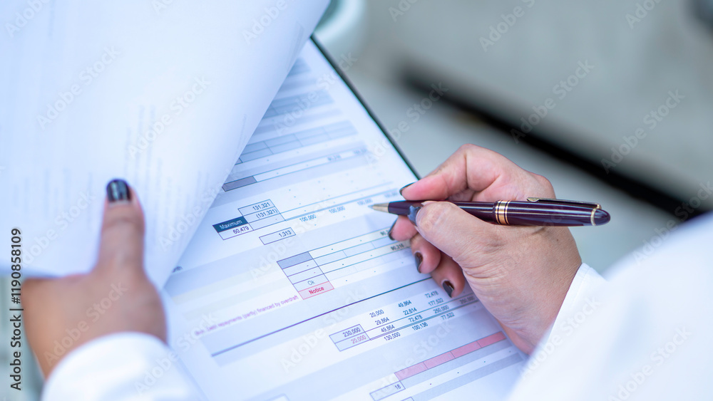 Business woman calculating expenses, managing budget, papers, loan documents, invoices. count taxes rental tenancy sum to pay online. businesswoman check company finances and earnings and budget.