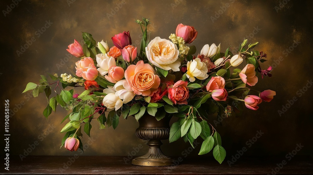 Fototapeta premium A stunning 2D image of a mix of fresh roses, tulips, and ivy leaves, arranged artistically in a vase, with soft lighting highlighting the colors, creating a romantic