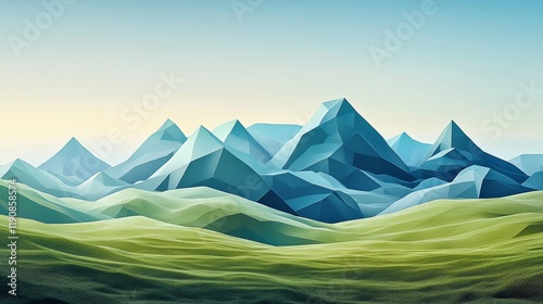 Layered geometric triangles in shades of blue and green, creating a mountain-like abstract landscape.