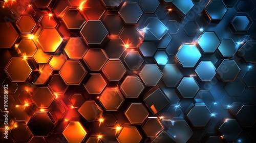 Metallic hexagons with a reflective surface on a dark background for a high-tech feel.