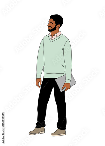 Businessman standing full length colored outline drawing. Handsome man in casual attire holding laptop. Hand drawn vector sketch illustration isolated on transparent background.
