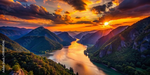 Majestic Danube River Gorge Silhouette at Sunset, Dramatic Mountain Landscape, 4K