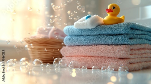 Soft towels, rubber duck, and bubbles in a bathroom.