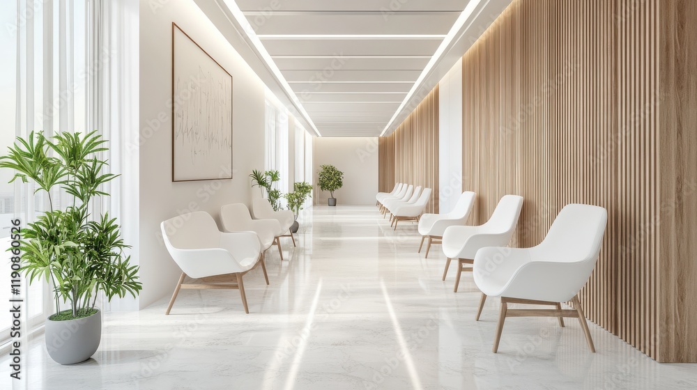 Fototapeta premium Empty modern hospital corridor, clinic hallway interior background with white chairs for patients waiting for doctor visit. Contemporary waiting room in medical office. Healthcare services concept