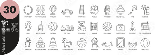 Kids, children toys editable stroke thin line icons set. Teddy, car, doll, train, robot, ball, unicorn, kite, bubbles, playhouse, xylophone, globe, puzzle, abacus, rocket, jump rope, vector