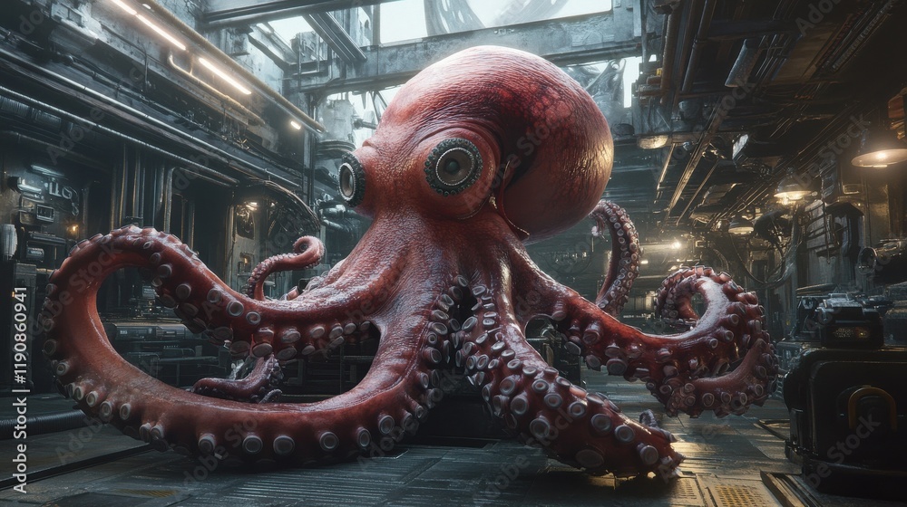 Obraz premium Innovative prototypes created by an octopus in an engine room low resolution creative environment unique concept