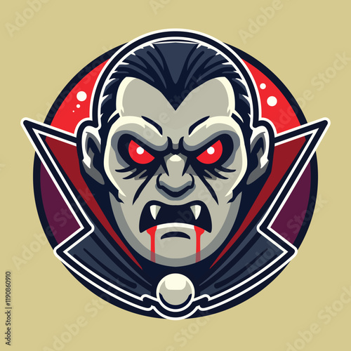 Vector Illustration of a Fierce Dracula Face with Red Eyes and Fangs – Perfect for Halloween, Vampire Themes, and Gothic Artwork Designs