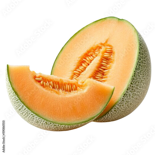 Fresh cantaloupe melon slices with vibrant orange flesh and green rind photo