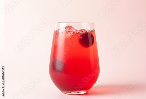 Summer sweet cherry drink with a splash of falling ice on a white wooden background.
