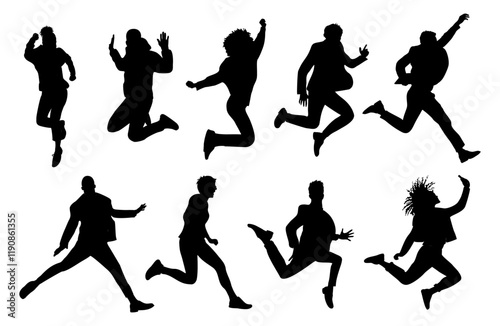 Silhouettes of different business people jumping for joy, celebrating success. Excited female and male characters black Vector illustrations isolated on transparent background 