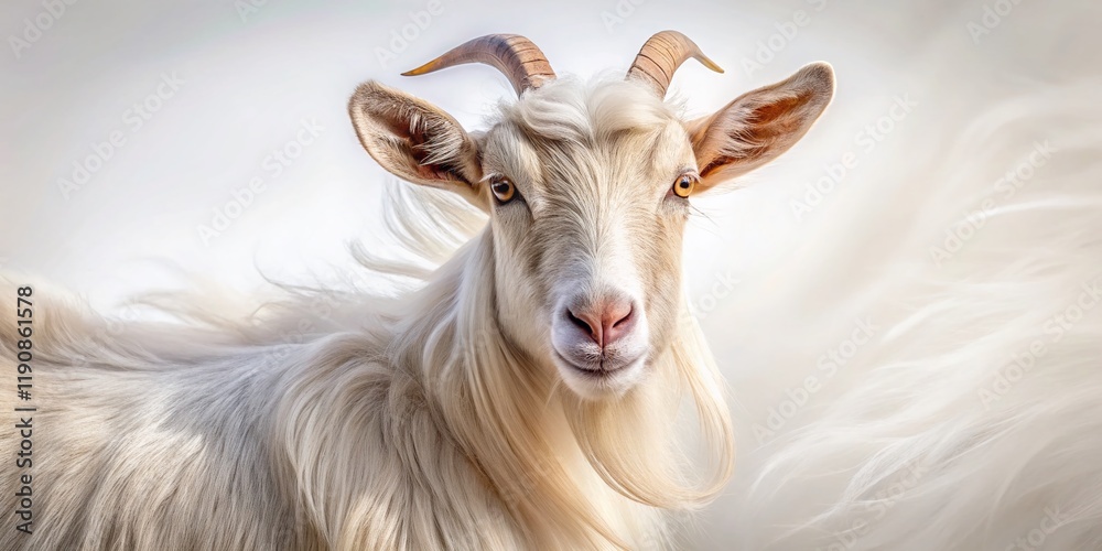 Majestic Goat Portrait: Long Exposure, Isolated on White Background Majestic Goat Portrait: Long Exposure, Isolated on White Background