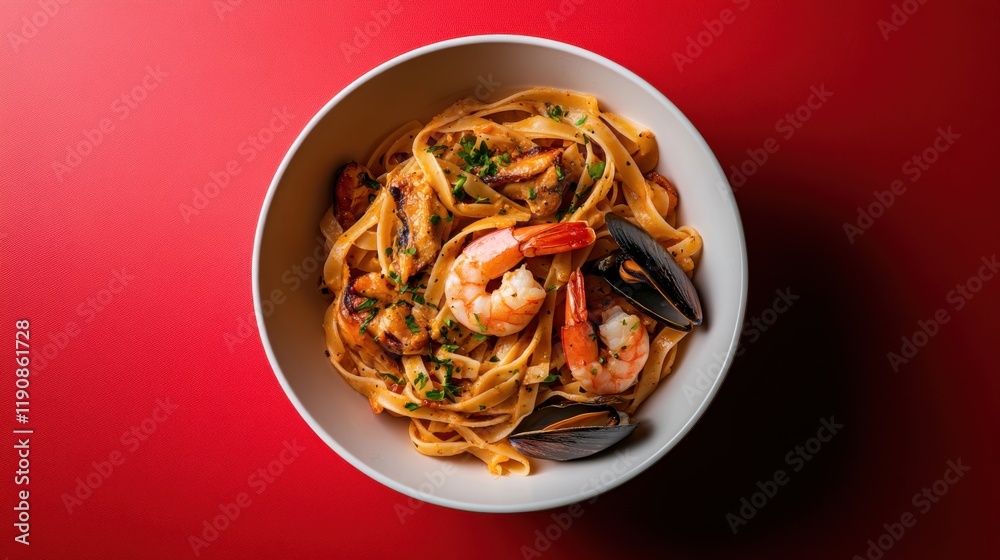 Seafood pasta dish garnished with shrimp served on a vibrant red table in a cozy dining setting Seafood pasta dish garnished with shrimp served on a vibrant red table in a cozy dining setting