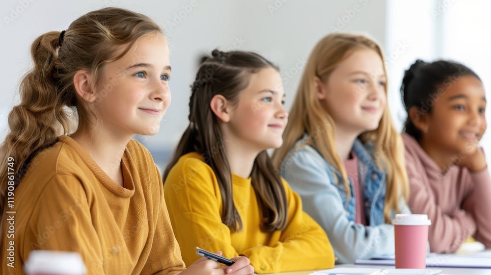 Obraz premium A group of young girls attentively listening during a classroom session, showcasing engagement and camaraderie.