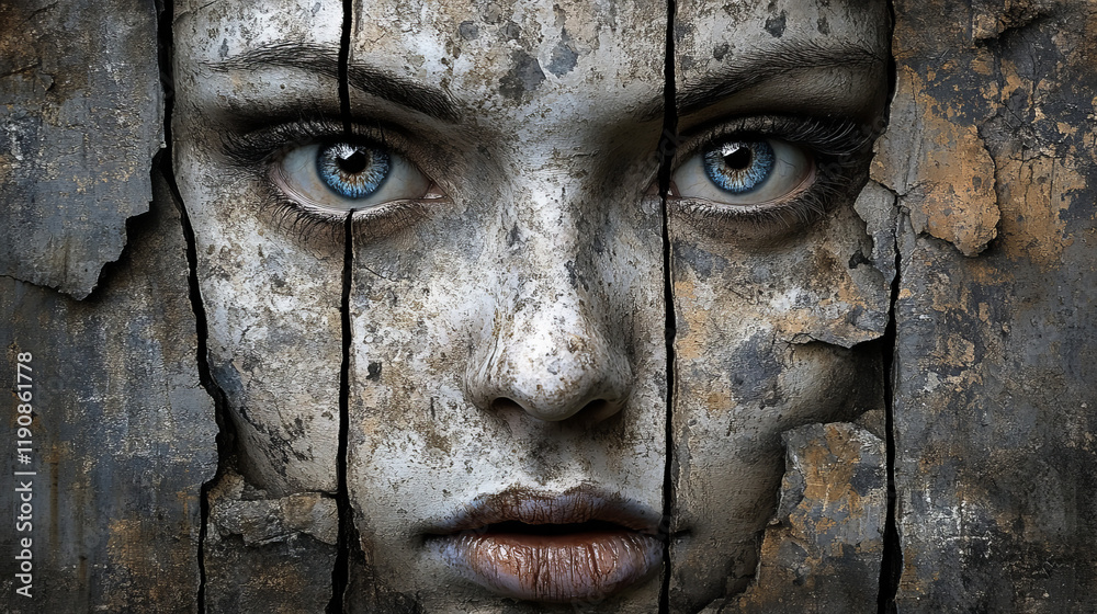 abstract surreal portrait of woman with cracked stone face texture in digital art showcasing dramatic weathered broken design abstract surreal portrait of woman with cracked stone face texture in digital art showcasing dramatic weathered broken design