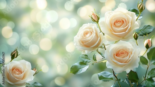 Bunch of fresh white roses surrounded by green leaves on a simple background valentine day