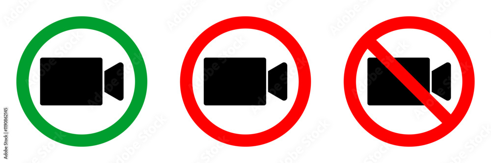 video recording or streaming not allowed red circle sign, green allowed round vector icon, 3 pictogram collection video recording or streaming not allowed red circle sign, green allowed round vector icon, 3 pictogram collection