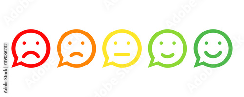 five different colors and moods smiles, speech bubble outline vector icons set
