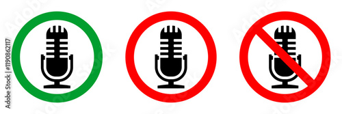sound recording or broadcasting not allowed red circle sign, green allowed round vector icon, 3 pictogram collection
