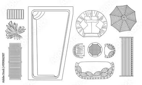 A drawing of a pool and patio with a variety of items including a chair, umbrella, and a bench. vector hand sketch style illustrations, landscape design icons isolated on transparent background