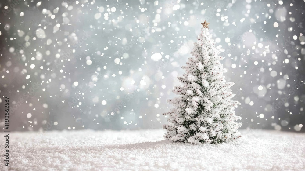 A beautifully blurred Christmas background with a white Christmas tree and sparkling snowflakes, creating the perfect setting for a holiday greeting card.