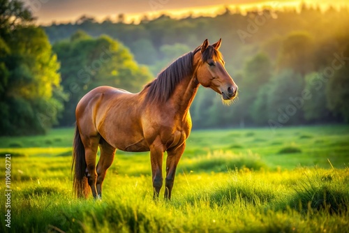 Majestic Horse Grazing in Sunny Pasture - Rural Idyll Stock Photo photo