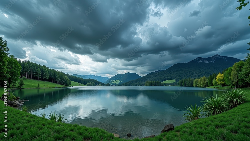A serene lakeside vista bathed in soft light, with lush greens fringing a shimmering expanse under dramatic, billowing clouds A serene lakeside vista bathed in soft light, with lush greens fringing a shimmering expanse under dramatic, billowing clouds