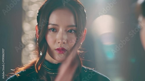 A young woman with a serious expression in a cinematic setting.
