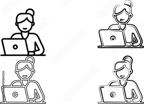 Simple line drawings, women working on laptops, minimalist icons, black and white illustrations, office workers, digital nomads, female professionals, top bun hairstyles, computer users, remote work c