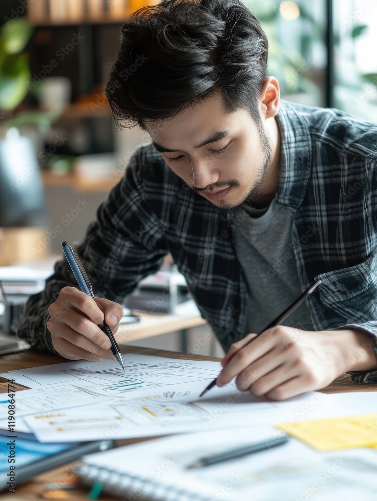 app design, technology and business concept - web designer or developer working on user interface and drawing sketches at office app design, technology and business concept - web designer or developer working on user interface and drawing sketches at office