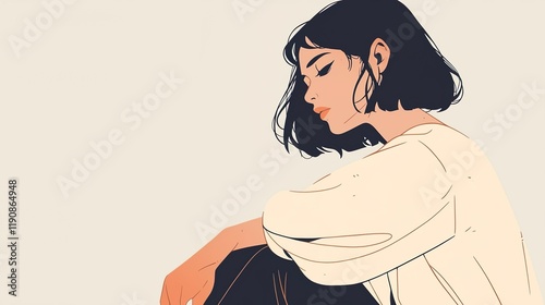 Profile of a young woman with short, dark hair, sitting with her knees drawn up and looking down thoughtfully, digital illustration with a simple, clean style. 
