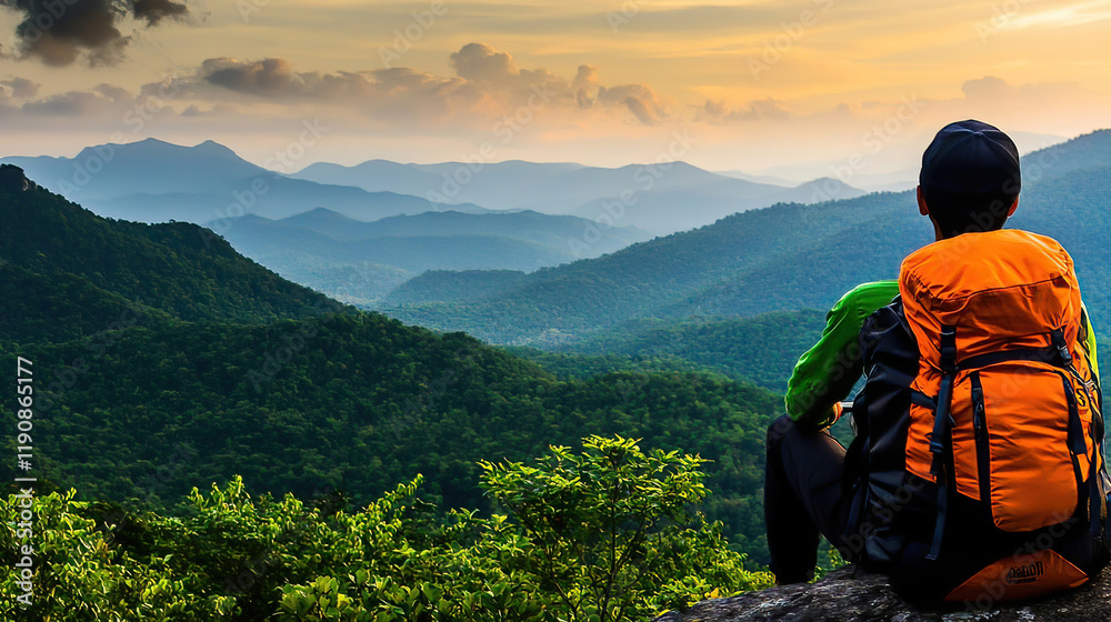 Naklejka premium Sustainable travel embraces local experiences. It focuses on low impact and explores remote locations. Adventurer Enjoys Scenic Mountain View at Sunset