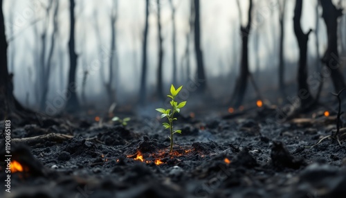 A single green seedling emerges from the charred remains of a forest fire