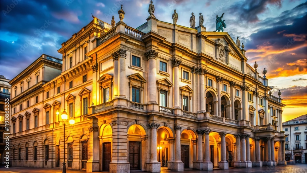 Fototapeta premium Majestic Milan Opera House: Exterior View with Copy Space for Text