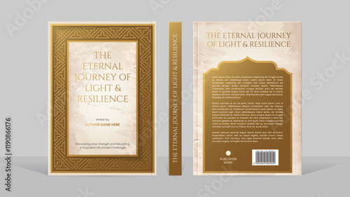 Islamic Style Book Cover Template Design with Golden Arabic Pattern Border Frame