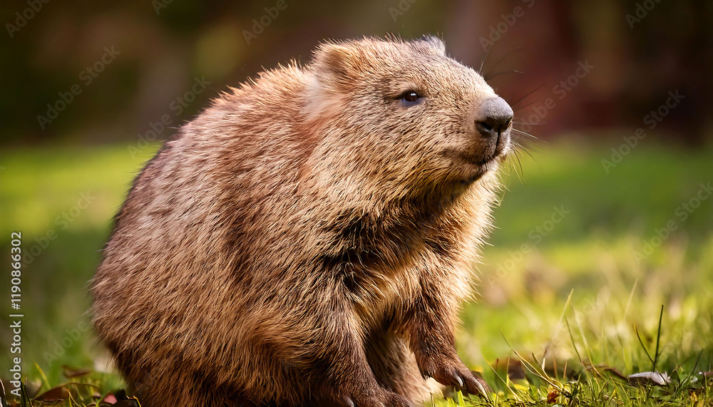 Fototapeta premium Adorable wombat portrait in a natural setting. Soft, golden light highlights its thick fur. Perfect for nature documentaries, wildlife blogs, or children's books.