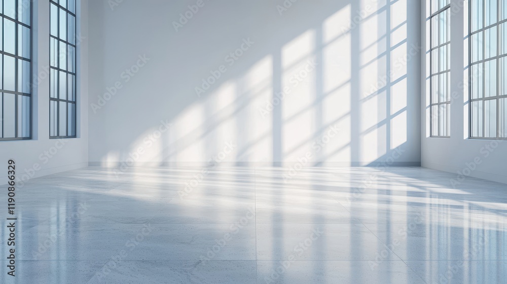 Obraz premium A bright, spacious room with large windows casting shadows on a polished floor, showcasing a minimalist design and modern aesthetic.