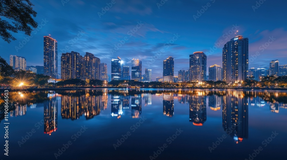 Obraz premium A bustling city skyline illuminated by a spectacular Chinese New Year fireworks show, reflecting on nearby water.