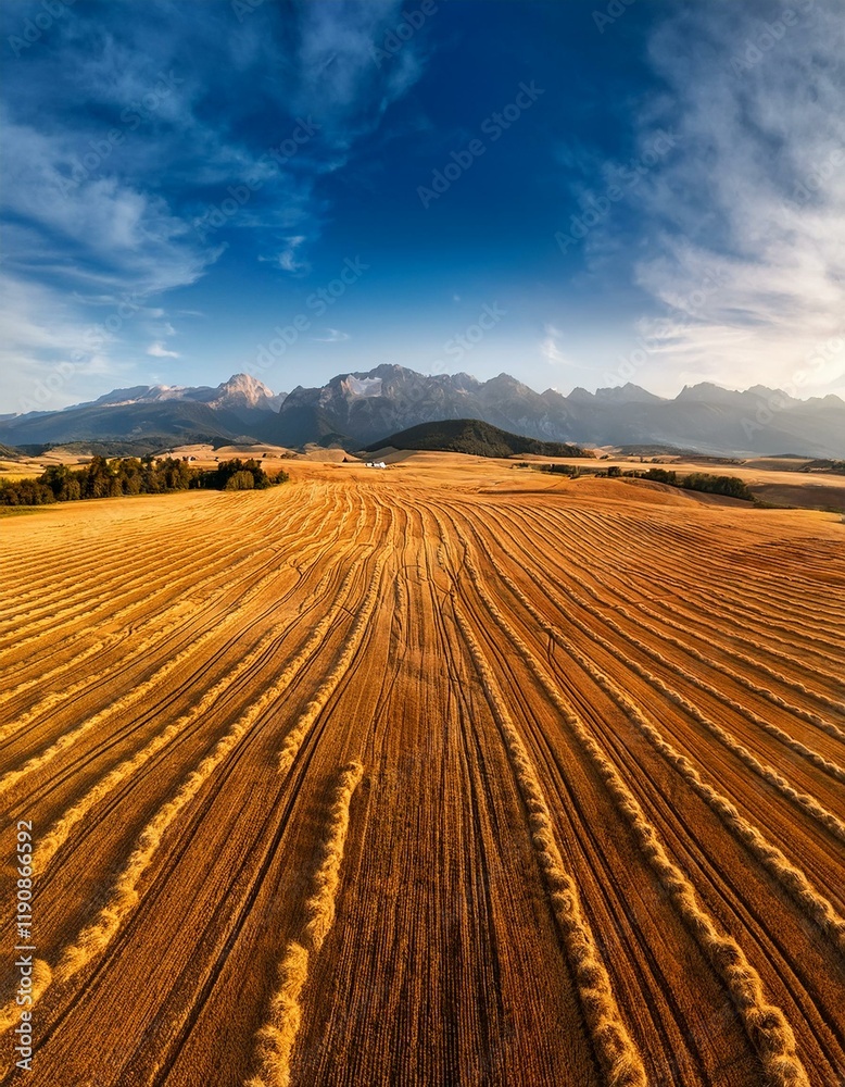 Fototapeta premium Generated image Drone perspective of a golden field at harvest time with distant mountain peaks