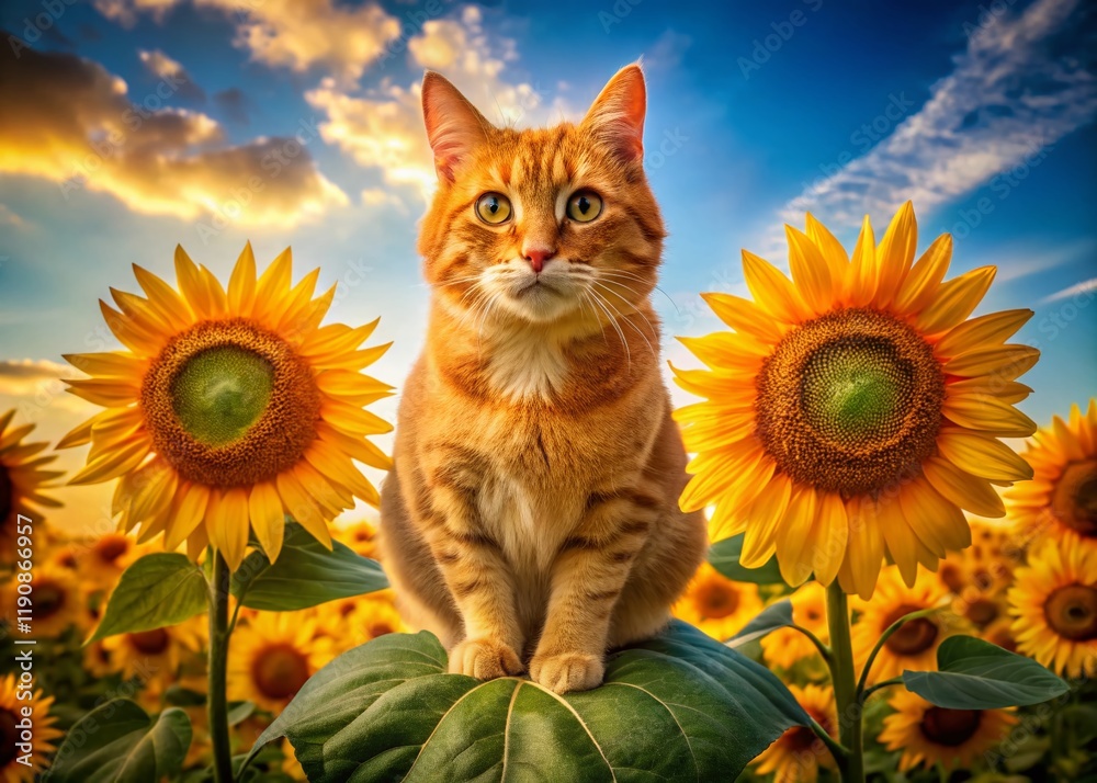 Obraz premium Whimsical Drone Shot: Orange Tabby Cat Balanced on Giant Sunflower