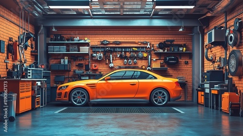 A car service garage flyer with professional tools and vehicles