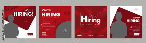 Clean and simple employee hiring social media post banner template. We want a minimalistic flyer template with large text. We're hiring. We're pursuing creative concepts. Hiring for creative work. 