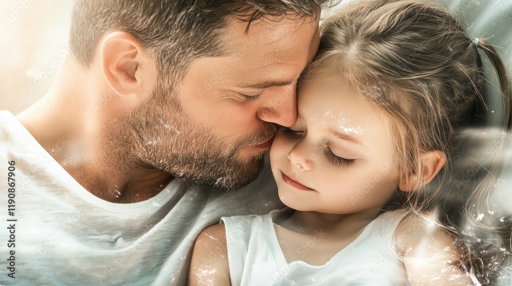 Fototapeta premium A father's tender kiss on his child's forehead as he tucks her into bed, a poignant moment showcasing paternal love, guidance, and gentle care This heartwarming image captures the essence of bedtime