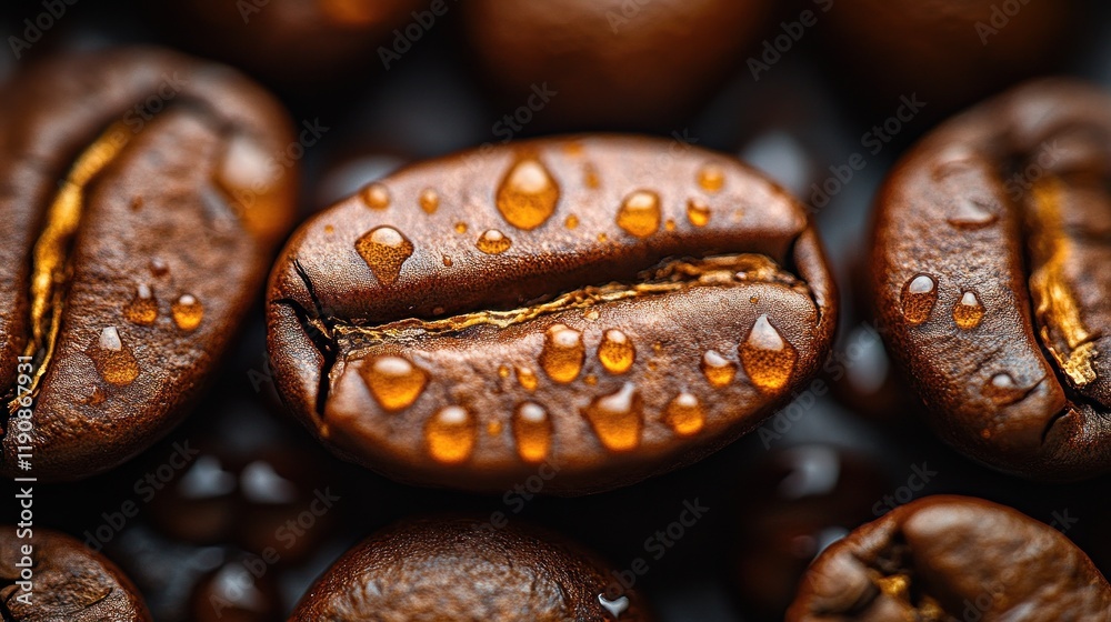 Close-up of fresh, wet coffee beans with water droplets. Close-up of fresh, wet coffee beans with water droplets.