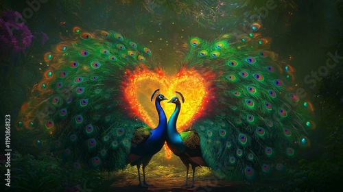 Two peacocks standing gracefully together, their feathers forming a giant heart pattern glowing with vibrant colors, set in a lush green garden