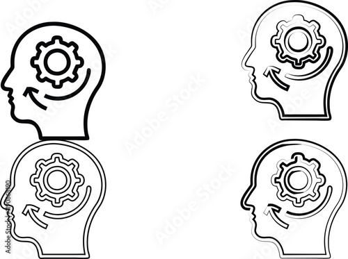 minimalist line drawings, human head profiles, gears inside minds, cognitive processes, black and white illustration, simple geometric shapes, conceptual thinking visualization, interconnected thought