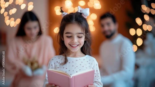 A heartwarming family scene A young girl, captivated by a book, surrounded by the loving embrace of her parents, illustrating the power of shared reading, family bonding, bedtime stories, and the joy photo