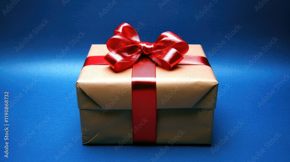 Obraz premium A Christmas or birthday present with a red satin ribbon bow, placed on a blue background, offering plenty of copy space for a seasonal sale or promotion.